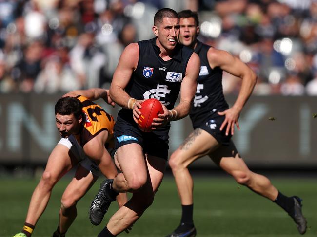 2024 AFL Football – Round 22 – Carlton Blues V Hawthorn Hawks at the MCG. Jacob Weitering of the Blues in action. Picture: Mark Stewart