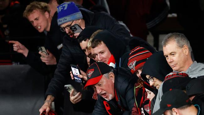 MELBOURNE, AUSTRALIA - JULY 27: Bombers fans are seen as the team leaves the field during the 2024 AFL Round 20 match between the St Kilda Saints and the Essendon Bombers at Marvel Stadium on July 27, 2024 in Melbourne, Australia. (Photo by Michael Willson/AFL Photos via Getty Images)