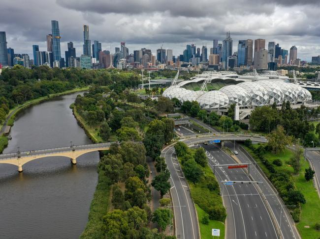 An aerial view of the city overlooking Aami Park. Picture: Alex Coppel