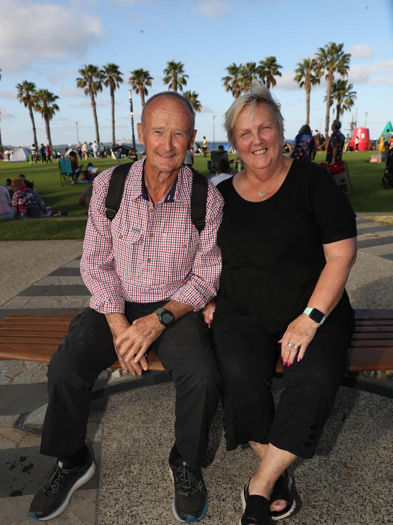 Frank Ellingham and Cheryl Sturgon. Locals and visitors arrived early to get a good spot for the Geelong New Years Eve celebrations. Picture: Alan Barber