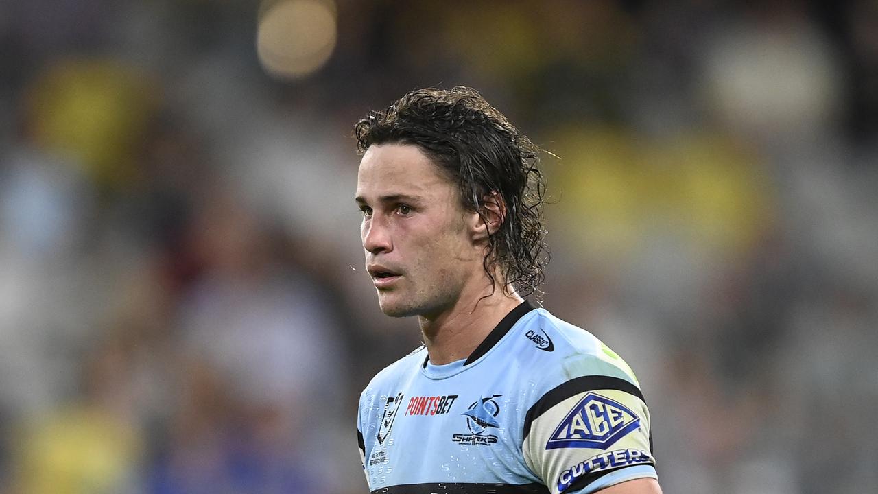 Sharks star Nicho Hynes has all but guaranteed his side a spot in the finals, with a win over the Cowboys temporarily thrusting them into the top-four. Picture: Getty Images.