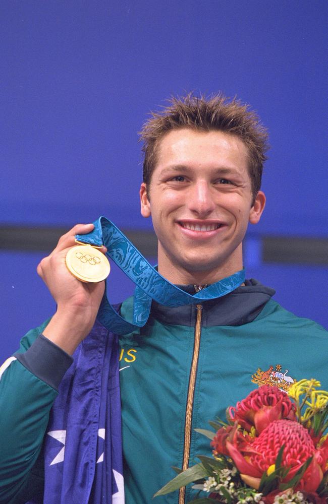 Ian Thorpe on the podium with his Gold Medal after winning the Mens 400m Freestyle final in a new World Record time of 3:40:59 at the Sydney International Aquatic Centre