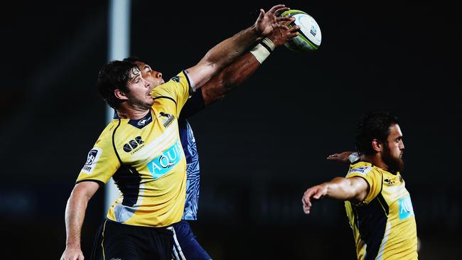 AUCKLAND, NEW ZEALAND - APRIL 10: Sam Carter of the Brumbies wins lineout ball during the round nine Super Rugby match between the Blues and the Brumbies at Eden Park on April 10, 2015 in Auckland, New Zealand. (Photo by Hannah Peters/Getty Images)