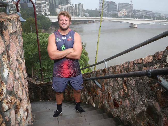 Reds prop James Slipper walking the Kangaroo Point Cliffs stairs as part of his recovery. Picture: Liam Kidston