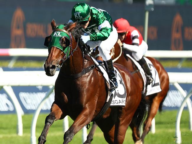 SYDNEY, AUSTRALIA - APRIL 06: Kayla Nisbet riding Asgarda wins Race 5 Newhaven Park Country Championships Final during Sydney Racing at Royal Randwick Racecourse on April 06, 2024 in Sydney, Australia. (Photo by Jeremy Ng/Getty Images)