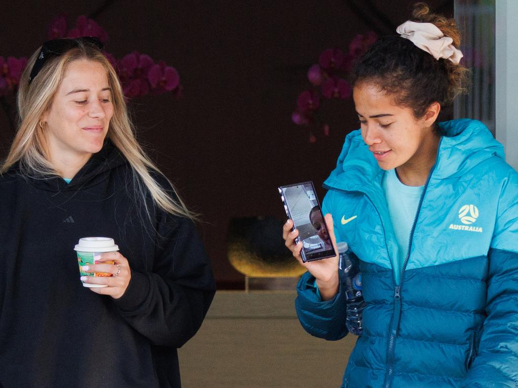 Matildas players Courtney Nevin and Mary Fowler on a video calling with Sam Kerr ahead of their friendly against China. Picture: Max Mason-Hubers