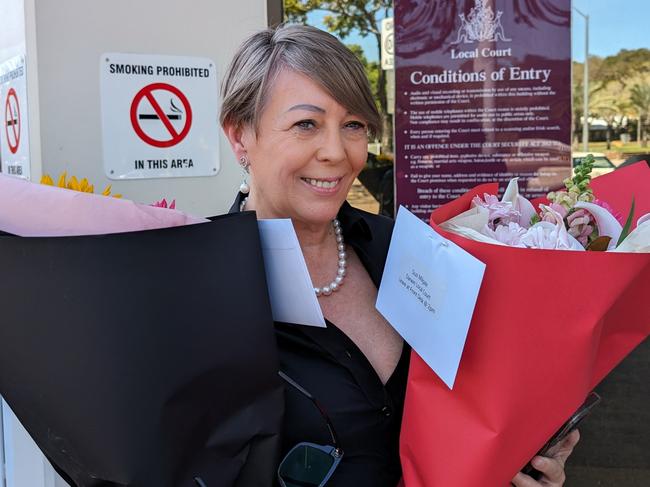 Flowers were delivered to Darwin Local Court addressed to Darwin ex-real estate agent Suzanne Lee Milgate ahead of her assault hearing on Monday, May 13.