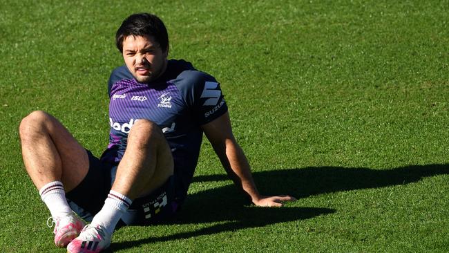 Brandon Smith is seen during an NRL Melbourne Storm training session at Sunshine Coast Stadium on the Sunshine Coast, Queensland, Monday, June 29, 2020. (AAP Image/Darren England)