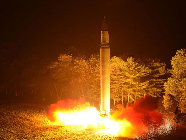 North Korea's intercontinental ballistic missile (ICBM), Hwasong-14 being lauched at an undisclosed place in North Korea. Picture: AFP