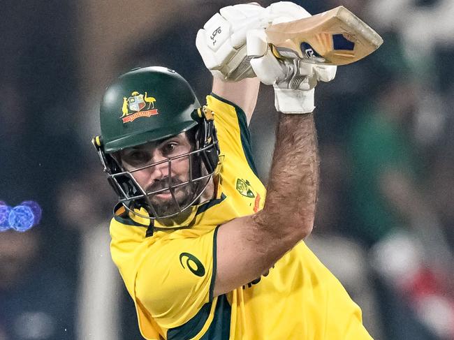 Australia's Glenn Maxwell plays a shot during the ICC Champions Trophy one-day international (ODI) cricket match between Australia and England at the Gaddafi Stadium in Lahore on February 22, 2025. (Photo by Aamir QURESHI / AFP)