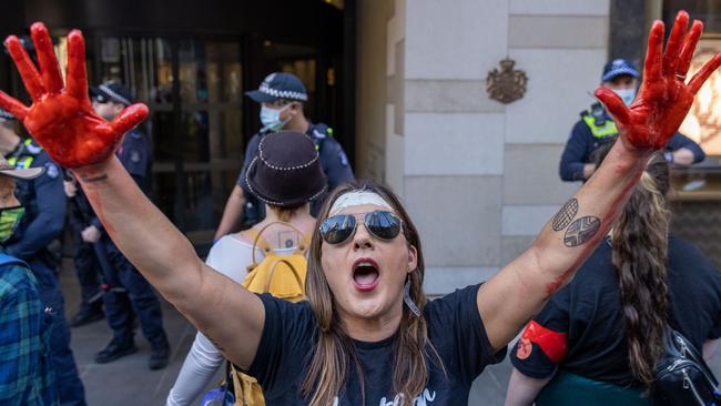 Lidia Thorpe protests outside the British Consulate General office in Melbourne. Picture: Getty Images