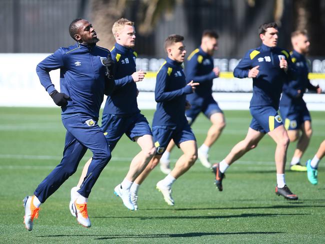 Usain Bolt in his first training session for Central Coast Mariners. Picture: AAP Image