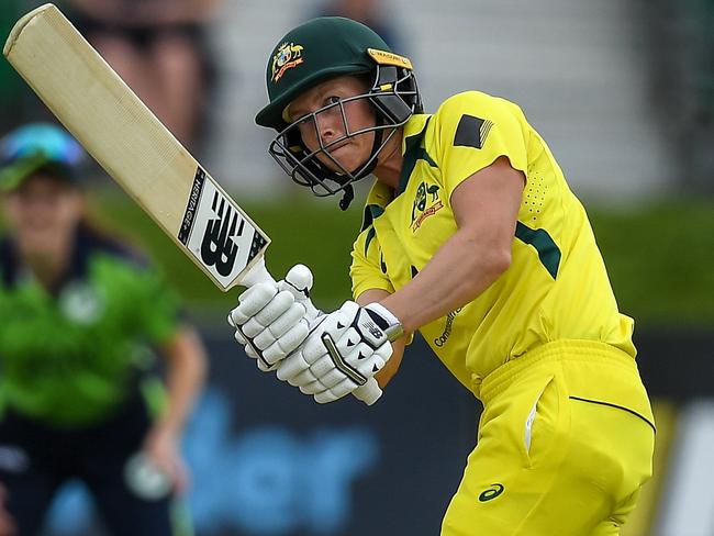 Tyrone , United Kingdom - 21 July 2022; Meg Lanning of Australia batting during the Women's T20 International match between Ireland and Australia at Bready Cricket Club in Bready, Tyrone. (Photo By George Tewkesbury/Sportsfile via Getty Images)