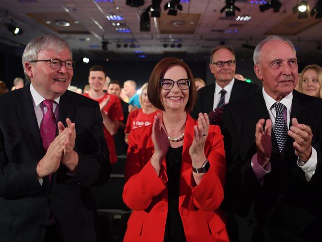 Former Australian Prime Ministers Kevin Rudd, Julia Gillard and Paul Keating. Picture: Lukas Coch