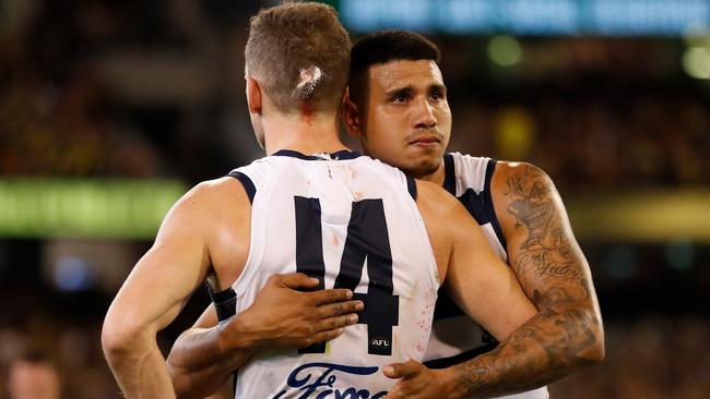 Kelly gives skipper Joel Selwood a hug after the loss. Pic: Getty Images