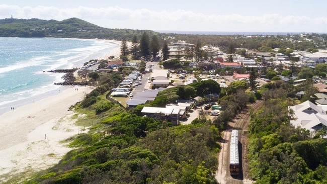 An aerial view of the Byron solar train on its way between Byron Bay and Sunrise.