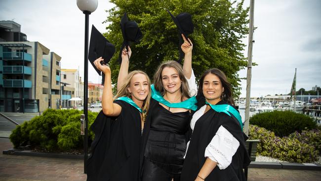 Maddi Muller, Keeley Ortmann and Eleni Moutsatsos. University of Tasmania Graduations. Federation Concert Hall, Hobart. Picture: RICHARD JUPE