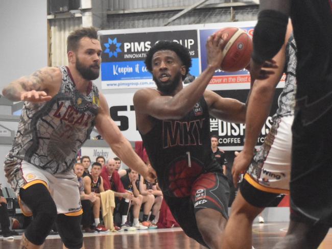 Former Darwin Basketball League star Jerron Jamerson drives to the basket for Mackay Meteors. Picture: Matthew Forrest