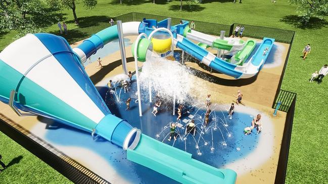 Artist impression of the Hurricane Vortex slide and double bucket water play, equipment that is on its way to Victor Harbor Holiday and Cabin Park. Image: Supplied