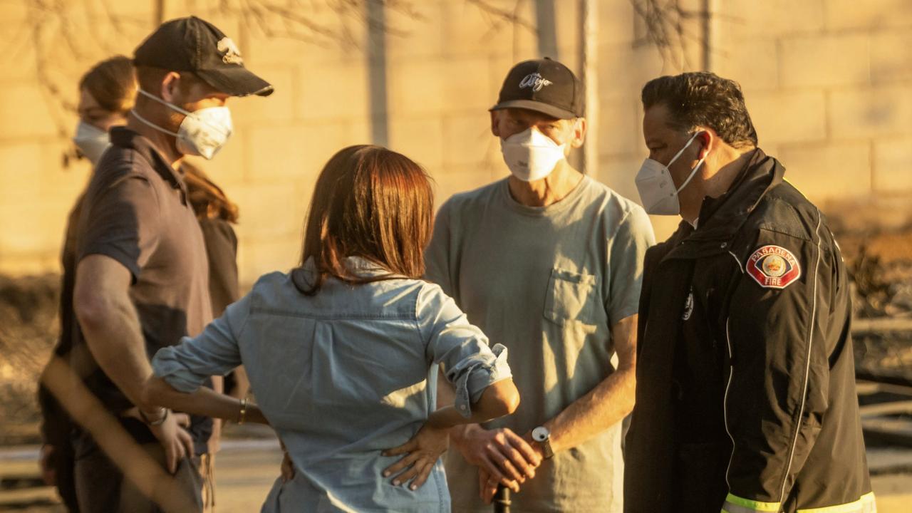 Prince Harry and Meghan Markle visited victims of the Eaton Fire in LA. Picture: FOX 11 Los Angeles