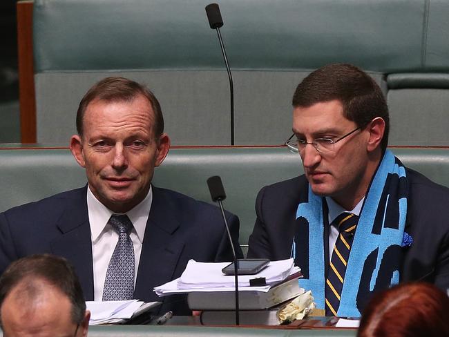 Mr Abbott at Parliament; House with fellow backbencher Julian Leeser. Picture: Kym Smith