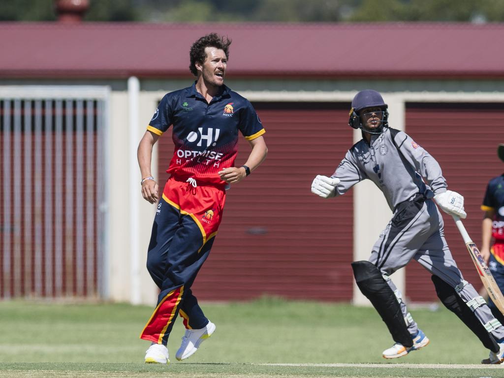 Kharn Millward reacts after bowling for Metropolitan-Easts against Souths Magpies in Toowoomba Cricket A Grade One Day grand final at Captain Cook Reserve, Sunday, December 10, 2023. Picture: Kevin Farmer