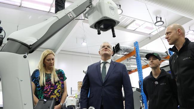 Prime Minister Scott Morrison and with Boothby candidate Dr Rachel Swift tour Micro X at the Tonsley Innovation District in Adelaide. Picture: NCA NewsWire / David Mariuz