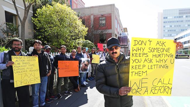 Li Joy and other taxi drivers protesting outside the Hobart Police Station in 2018. Picture: SAM ROSEWARNE.