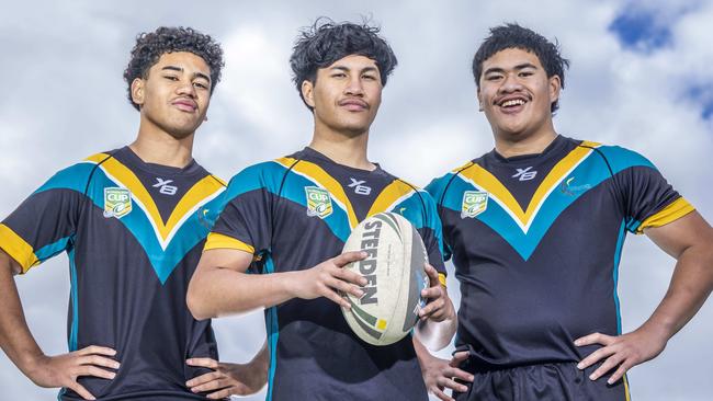 Victoria University Secondary College joined the Peter Mulholland Cup this year. Pictured is Lockyer Foliola, DC Morehu and Elijah Po Ching. Picture: Wayne Taylor