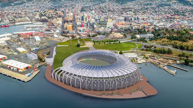 Concept drawings of a new design for a Macquarie Point Stadium by the Stadia Precinct Consortia led by Dean Coleman and Paul Lennon. Picture: SolutionsWon