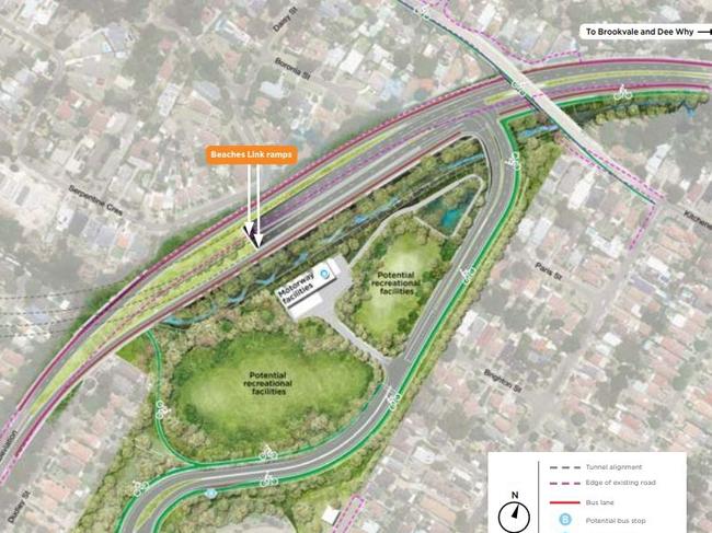 Plans for the Beaches Link show a new road linking Burnt Bridge Creek Deviation with Sydney Rd and Balgowlah Golf Course being converted to community open space.