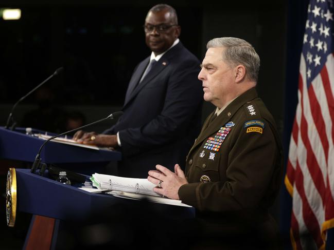 US Secretary of Defence Lloyd Austin (L) and Chairman of the Joint Chiefs of Staff Army General Mark Milley (R). General Milley said Aghanistan is on the brink of civil war. Picture: Getty Images/AFP