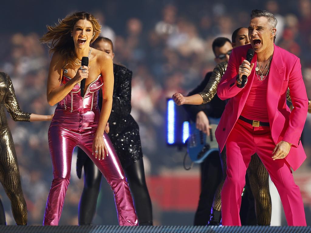 Delta Goodrem and Robbie Williams perform during the 2022 AFL Grand Final. Picture: Daniel Pockett/AFL Photos/via Getty Images