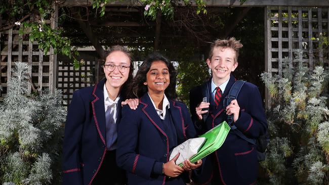 Poppy Lennon 15, Shriya Anil 15, Connor Johnson 15 all in grade 9 at The Friends School. Year 9 students at The Friends School Hobart performed well in NAPLAN testing. Picture: NIKKI DAVIS-JONES