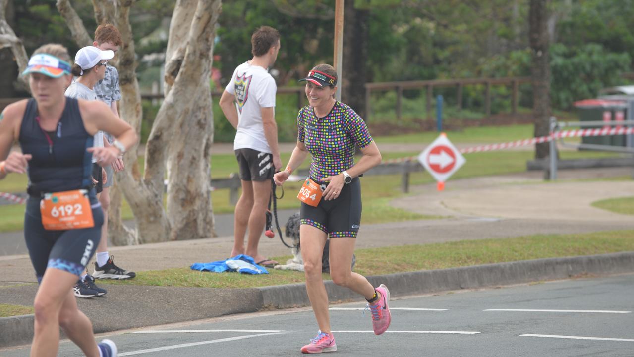 Lisa Crowther is all smiles at the sprint event at the 2023 Mooloolaba Triathlon.