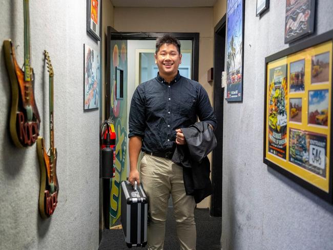 Matthew Lee from Scalpt Hair standing in the studio hallway of Hot 100. Picture: Floss Adams.