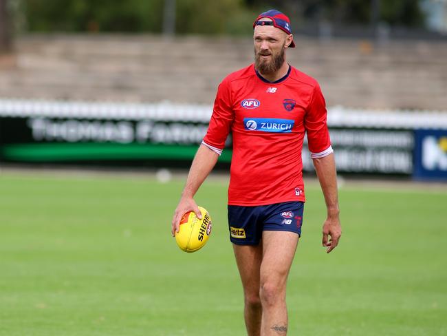 ADELAIDE, AUSTRALIA - APRIL 14: Max Gawn trains separately from the main team during a Melbourne Demons AFL training session at Prospect Oval on April 14, 2023 in Adelaide, Australia. (Photo by Kelly Barnes/Getty Images)