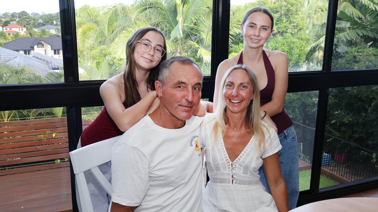 Alysha and Rob and Alysha Pomie are selling their dual-living property in Burleigh Waters. The pair with daughters Mae 12 (left) and Ava 15(right) at the home. Picture: Glenn Hampson