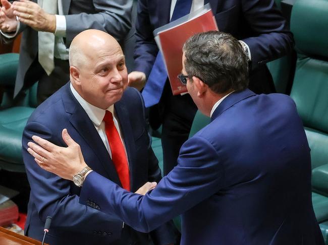 Former Victorian treasurer Tim Pallas was congratulated by ex premier Dan Andrews after delivering his May 2022 budget. Picture: Ian Currie