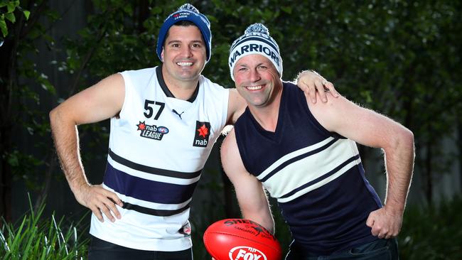 Leigh Montagna and Brad Johnson in their junior footy club jumpers. Picture: Rebecca Michael