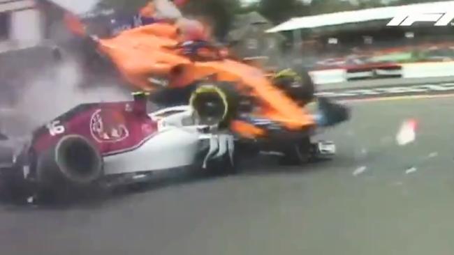 Onboard vision from Brendon Hartley's car shows the moment Fernando Alonso's wheel hits the halo on Charles Leclerc's Sauber. Pic: @F1