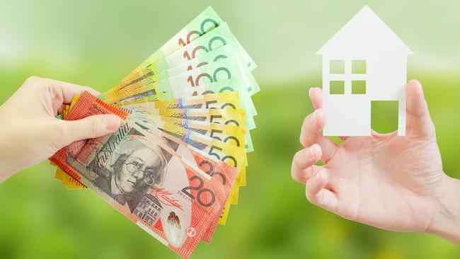 Client giving Australian money to property agent for buying house. Property and real estate concept. Housing invest generic.