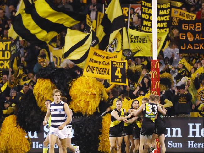 AFL 2nd Qualifying Final. Geelong v Richmond at the MCG . The tiger army goes off after Jacob Townsend kicked the opening goal  . Pic: Michael Klein