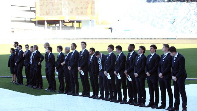 Cats players form a guard of honour at Frank Costa’s State memorial service. Picture: Alan Barber