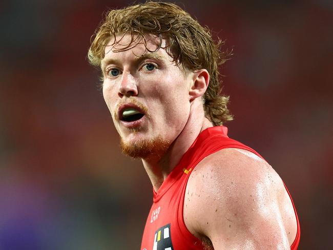 GOLD COAST, AUSTRALIA - MARCH 16: Matt Rowell of the Suns looks on during the round one AFL match between Gold Coast Suns and Adelaide Crows at People First Stadium, on March 16, 2024, in Gold Coast, Australia. (Photo by Chris Hyde/Getty Images)