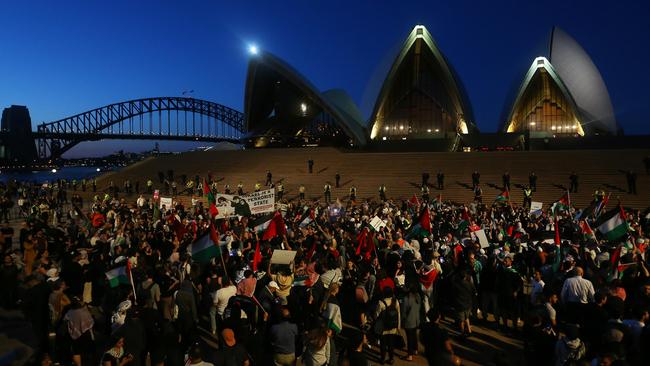 Pro-Palestine supporters rally outside the Sydney Opera House on October 9, 2023. Picture: Lisa Maree Williams/Getty Images