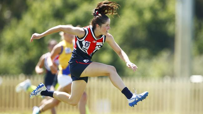 MELBOURNE, AUSTRALIA - FEBRUARY 12: Mikayla Meyer of Darebin kicks a goal during the round one VFLW match between Darebin and Williamstown at LaTrobe University on February 12, 2022 in Melbourne, Australia. (Photo by Daniel Pockett/AFL Photos/via Getty Images)