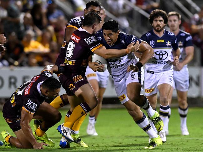 Cowboys’ co-captain Jason Taumalolo charges through the Broncos defence during their trial in Redcliffe. (Photo by Bradley Kanaris/Getty Images)