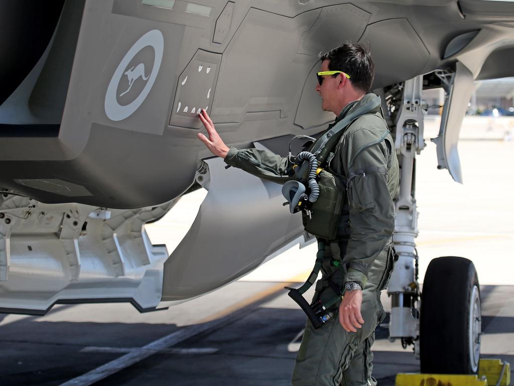 Australian Pilots training in the F35 fighter Jets Luke Airforce Base in Phoenix Arizona. Squadron leader call sign “Belly” before a flight. Picture: Nathan Edwards