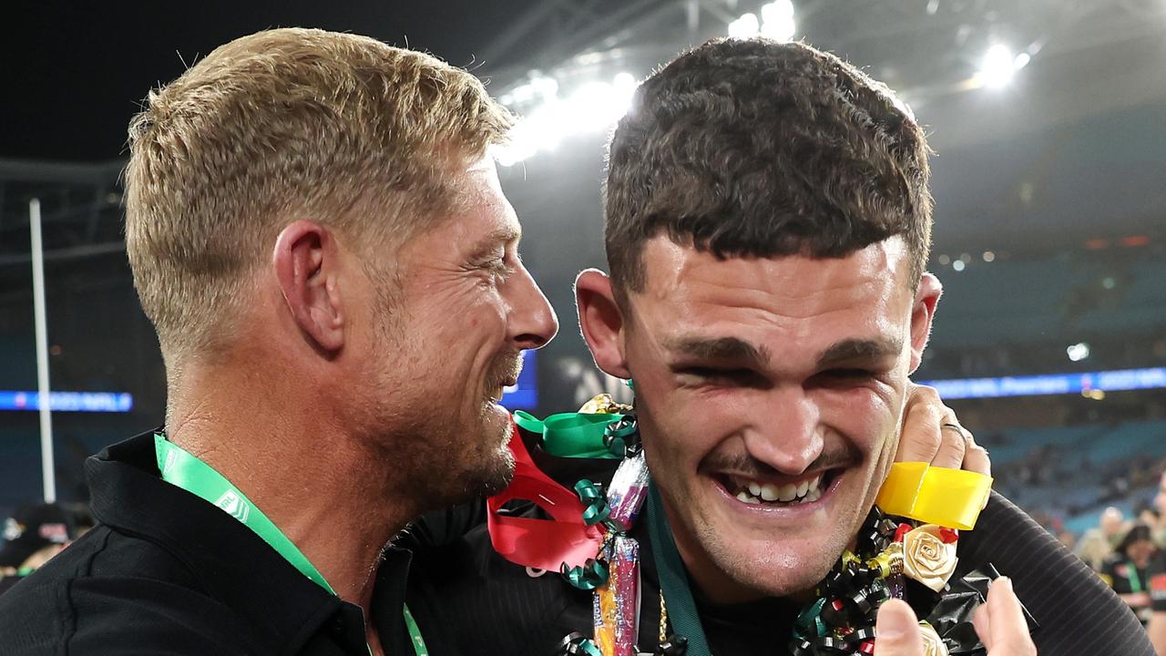 Mick Fanning celebrates with Nathan Cleary after the 2023 NRL Grand Final. (Photo by Matt King/Getty Images)